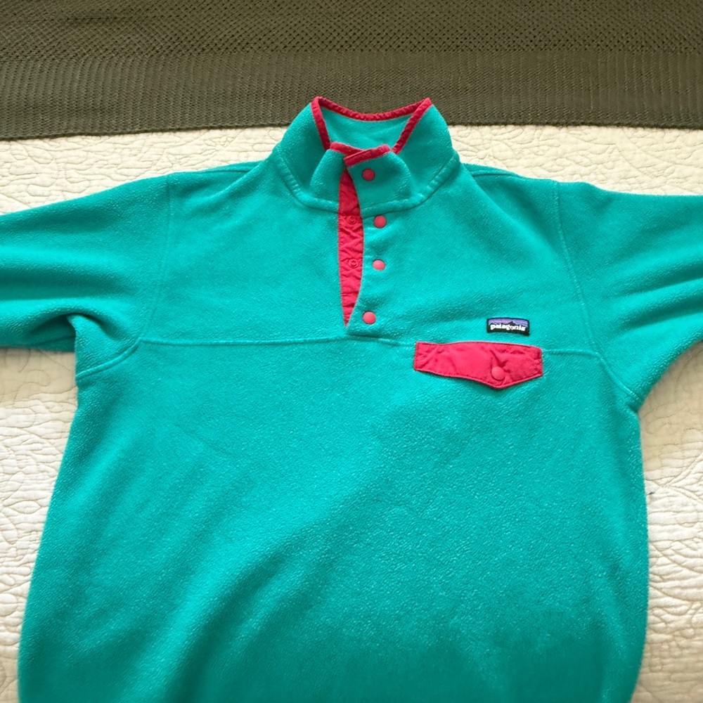 Patagonia Men's Teal and Red Crewneck Sweater
